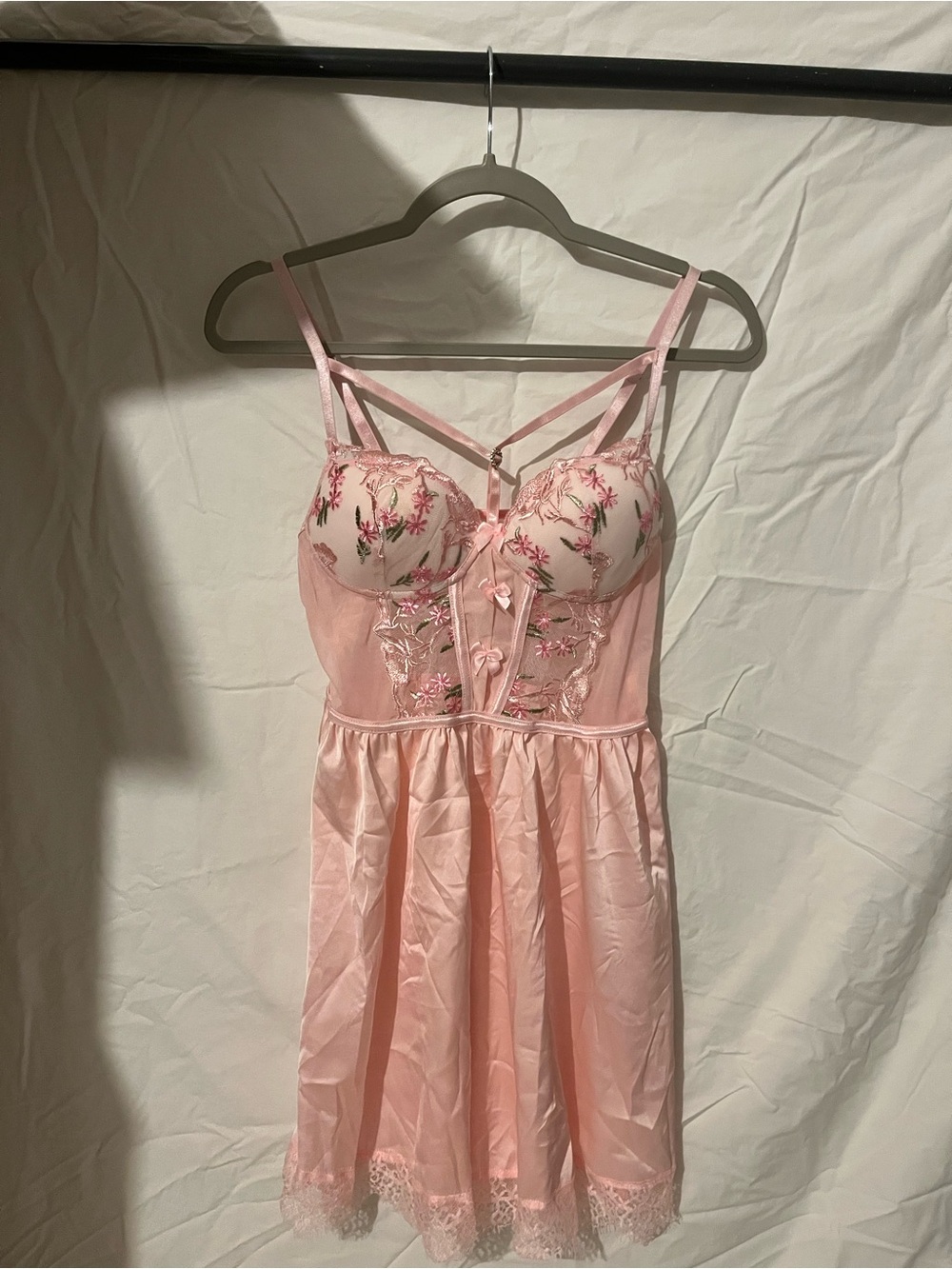 SHEIN Pink Floral Embroidered Lace Babydoll Chemise